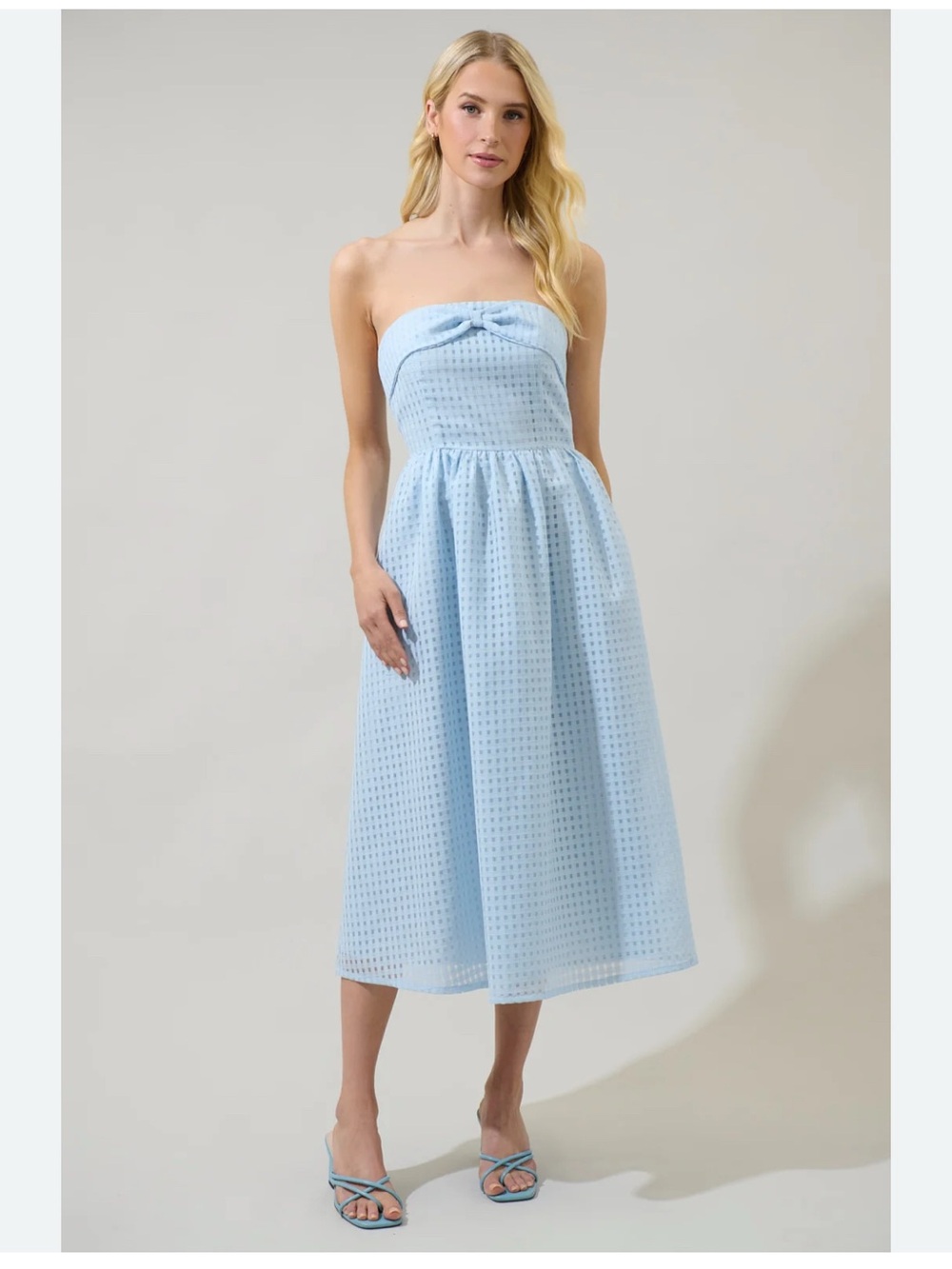 Sugarlips Strapless Light Blue Eyelet Midi Dress with Bow Detail